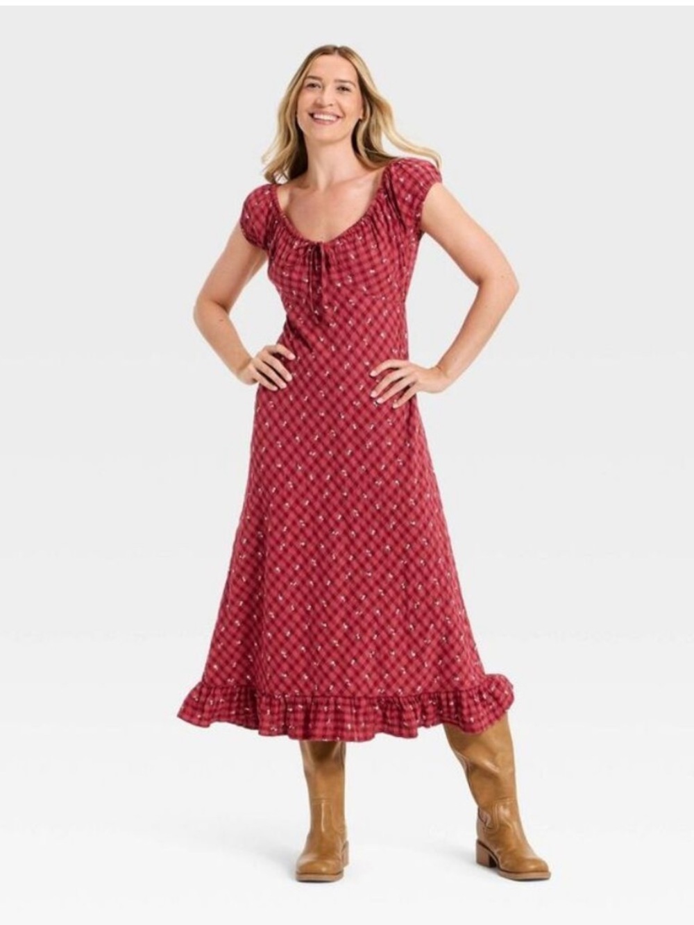 Universal Thread Red Gingham Cottagecore Dainty Floral Ruffle Midi Maxi Dress